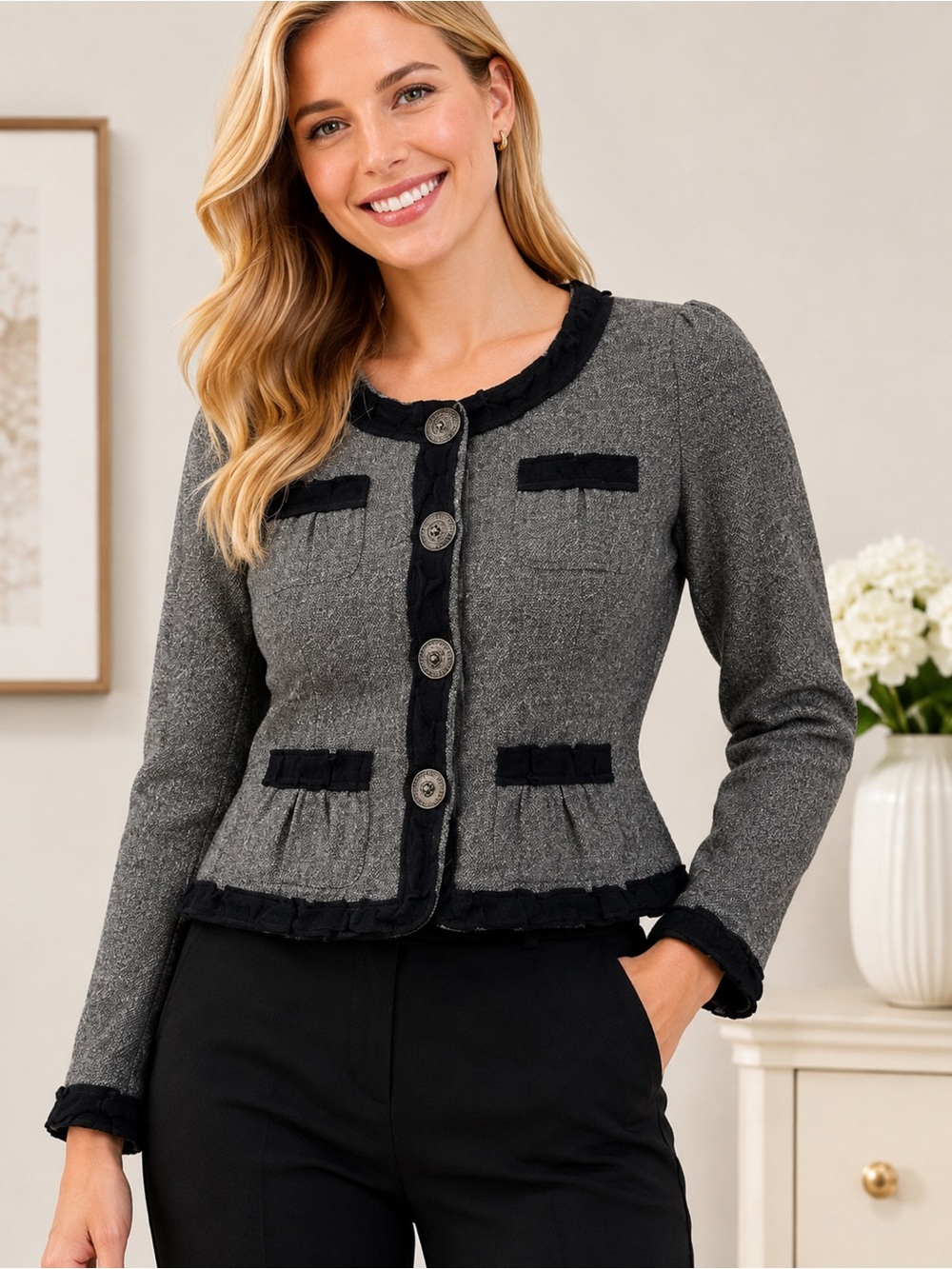 Nick & Mo Wool Blend Tweed Peplum Blazer Ruffle Trim Small